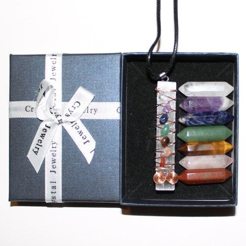 7 Chakra Selenite Pendant and Double Terminated Crystal Gift Set